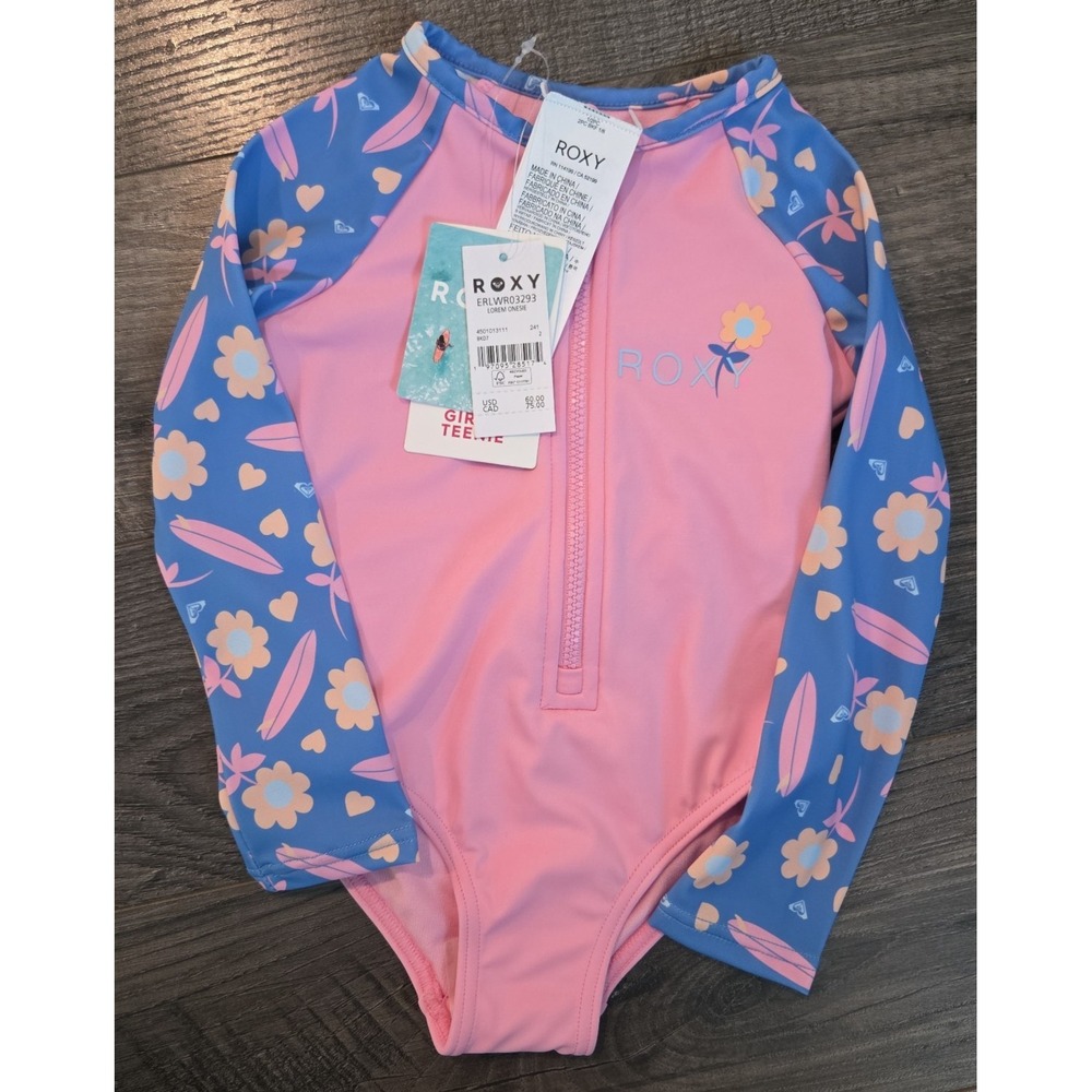 Roxy Baby Zip-Up One piece Rash Guard Swimsuit Tropical Floral Size 2 NWT $60